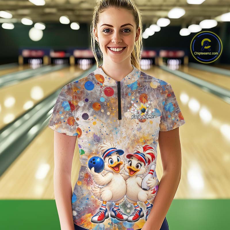 Custom Colorful Funny Duck Bowling Shirt for Women Buddy Bowling Jersey Polo & 1/4 Zip QZT1385