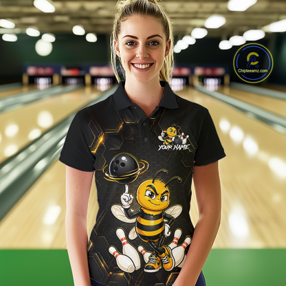 Black & Gold Funny Bee Bowling Shirt for Women Custom Bowling Team Jersey League Polo & 1/4-Zip QZT1008