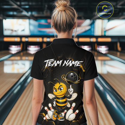 Black & Gold Funny Bee Bowling Shirt for Women Custom Bowling Team Jersey League Polo & 1/4-Zip QZT1008