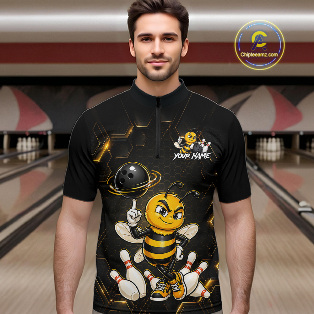 Black & Gold Funny Bee Bowling Shirt for Men Custom Bowling Team Jersey League Polo & Quarter-Zip QZT1008