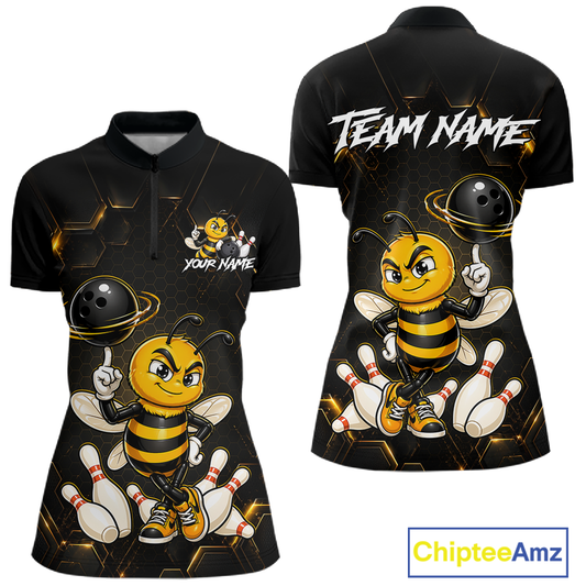 Black & Gold Funny Bee Bowling Shirt for Women Custom Bowling Team Jersey League Polo & 1/4-Zip QZT1008