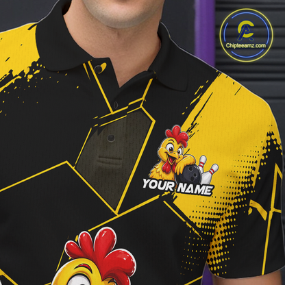 Custom Black & Yellow Funny Chicken Bowling Shirt for Men Bowling Team Jersey Polo & Quarter-Zip QZT1010