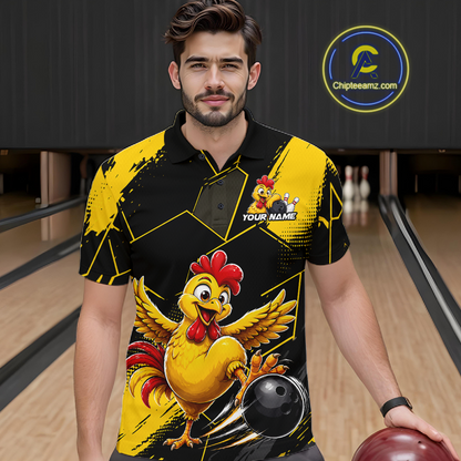 Custom Black & Yellow Funny Chicken Bowling Shirt for Men Bowling Team Jersey Polo & Quarter-Zip QZT1010