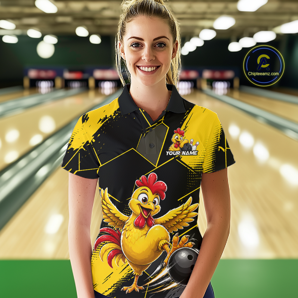 Custom Black & Yellow Funny Chicken Bowling Shirt for Women Bowling Team Jersey Polo & 1/4-Zip QZT1010