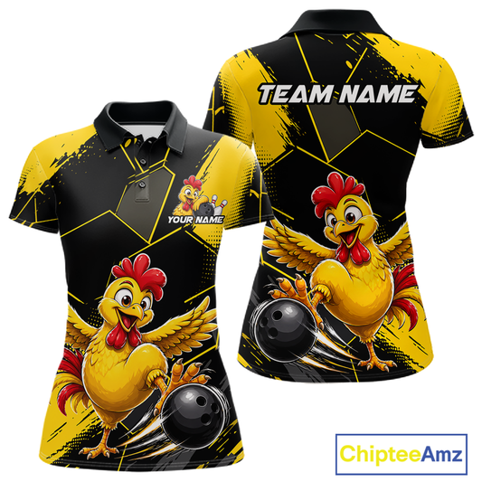 Custom Black & Yellow Funny Chicken Bowling Shirt for Women Bowling Team Jersey Polo & 1/4-Zip QZT1010