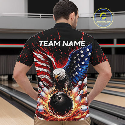 Person wearing a bowling shirt with an eagle design and 'TEAM NAME' text in a bowling alley.