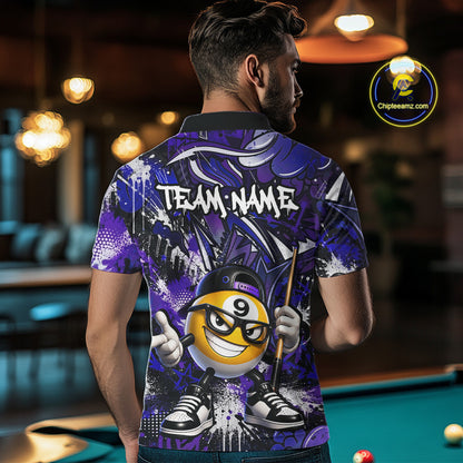Person wearing a colorful polo shirt with a billiards theme in a pool hall setting.