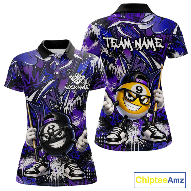 Purple and blue polo shirt with cartoon character and 'Team Name' text.