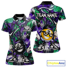 Load image into Gallery viewer, Purple green polo shirt with cartoon character design and 'Chiptee Amz' branding.