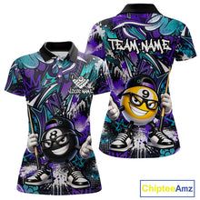Load image into Gallery viewer, Purple teal polo shirt with cartoon character design and 'Chiptee Amz' branding.