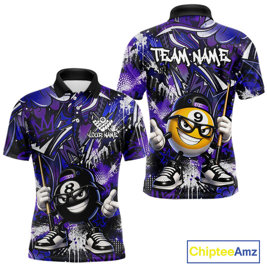 Two views of purple and blue polo shirts with a cartoon pool ball design and 'Chiptee Amz' branding.