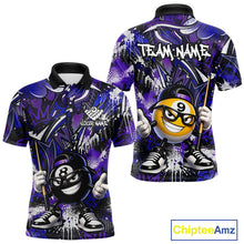Load image into Gallery viewer, Two views of purple and blue polo shirts with a cartoon pool ball design and 'Chiptee Amz' branding.