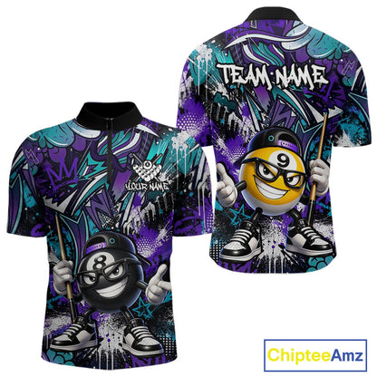 Purple teal billiard shirt with cartoon 8 ball and 9 ball design 