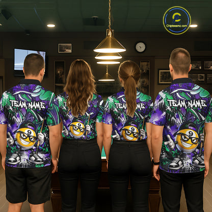 Four people wearing matching team jerseys in a room with a pool table.