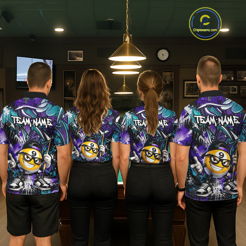 Four people wearing matching team jerseys in a room with a pool table.