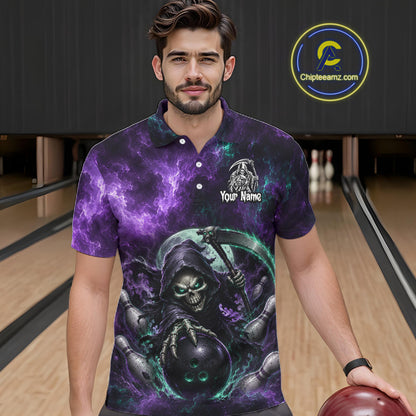A man wearing a short-sleeve polo shirt with a dark purple and black cosmic grim reaper graphic, standing in a bowling alley holding a bowling ball. 