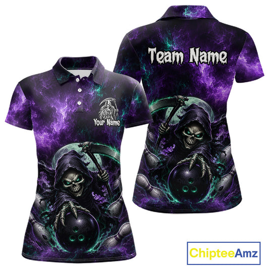 Front and back views of a short-sleeve polo shirt featuring a dark grim reaper holding a bowling ball on a purple and black stormy background. The front has a small chest graphic with placeholder text 'Your Name', and the back has 'Team Name' printed across the shoulders.