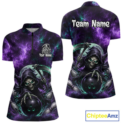Front and back views of a short-sleeve quarter-zip shirt with a dark purple and black graphic print featuring a grim reaper holding a bowling ball, with 'Team Name' and 'Your Name' placeholder text on a white background.