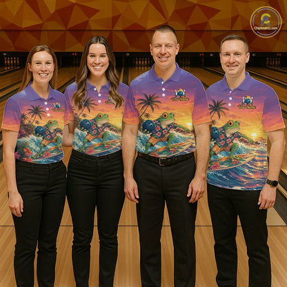Four people standing in a bowling alley wearing matching custom-printed polo shirts with a colorful frog and turtle beach scene, paired with black pants.
