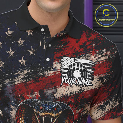 Polo shirt with American flag design and snake graphic, featuring a brand logo in the corner.