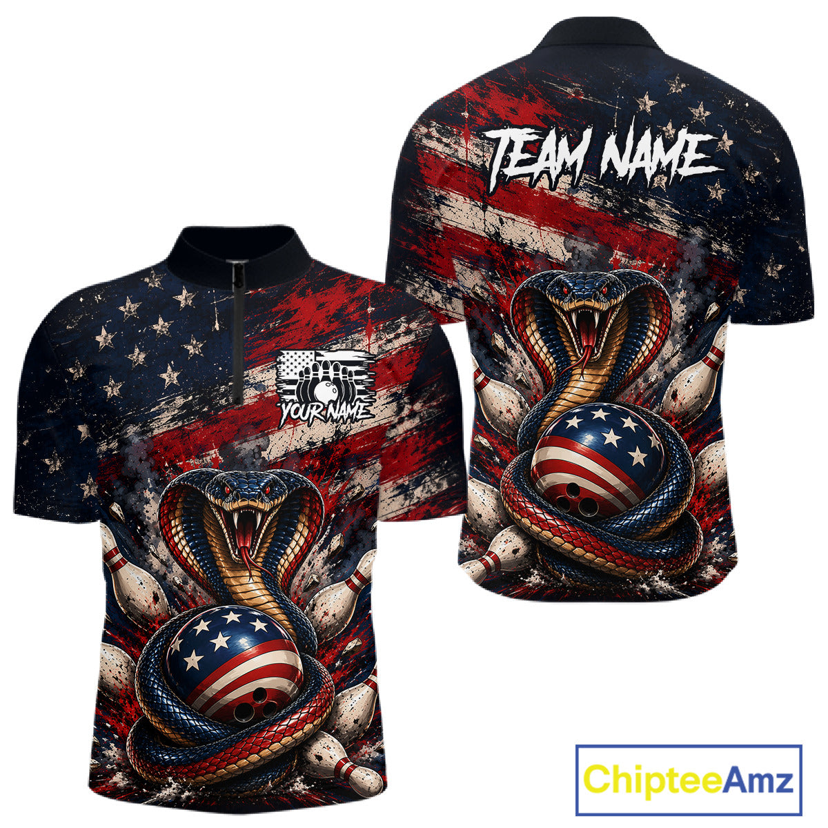 Shirt with American flag design and cobra graphic, featuring 'Chiptee Amz' branding.