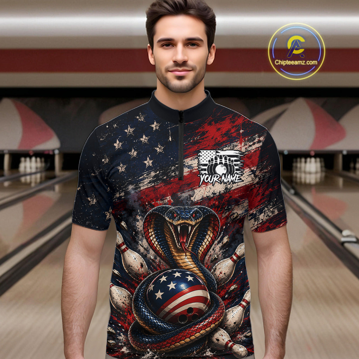 Man wearing a bowling jersey with American flag and snake design in a bowling alley.