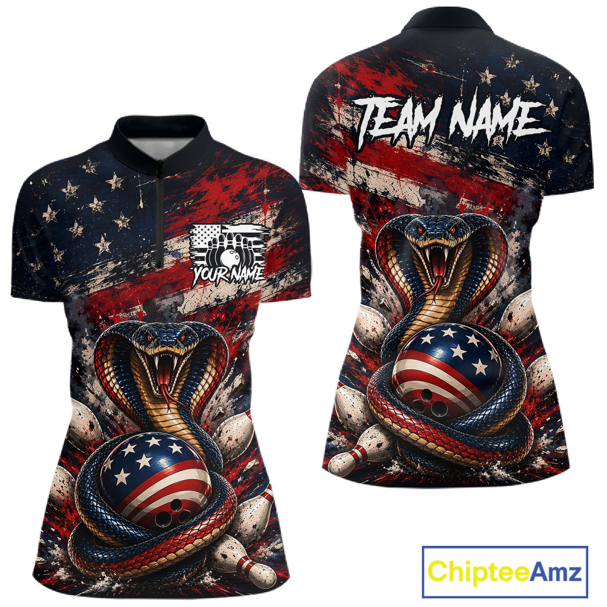 Polo shirt with snake design and American flag colors, featuring 'Team Name' text on the back.