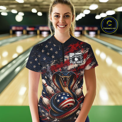 Woman wearing a custom bowling shirt with American flag design in a bowling alley.
