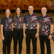 Load image into Gallery viewer, Four people wearing matching bowling shirts with a snake and American flag design in a bowling alley.