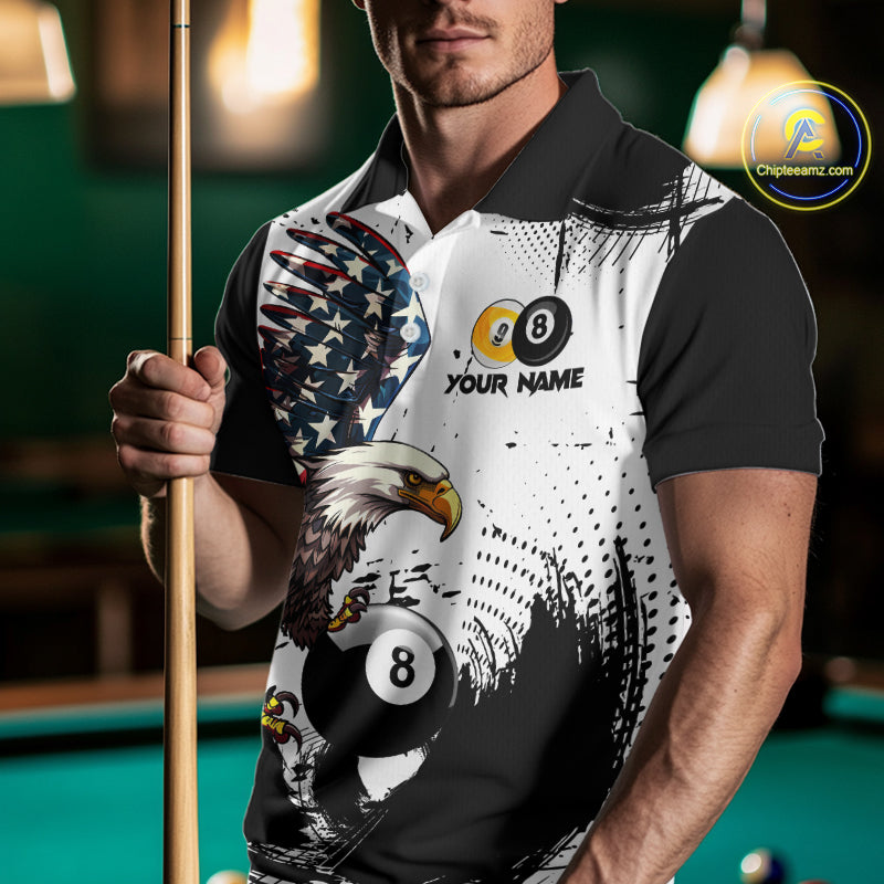 Custom Black & White Billiard Shirt for Men American Flag Eagle Pool Jersey BHT144