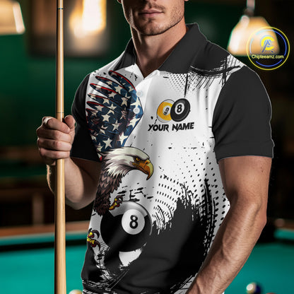 Custom Black & White Billiard Shirt for Men American Flag Eagle Pool Jersey BHT144