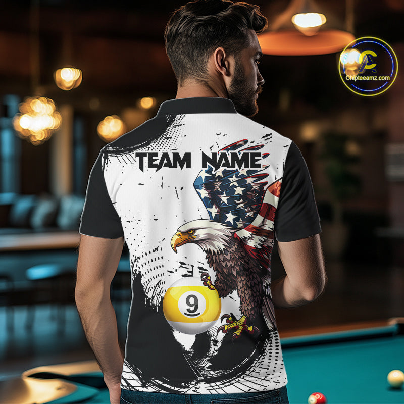 Custom Black & White Billiard Shirt for Men American Flag Eagle Pool Jersey BHT144