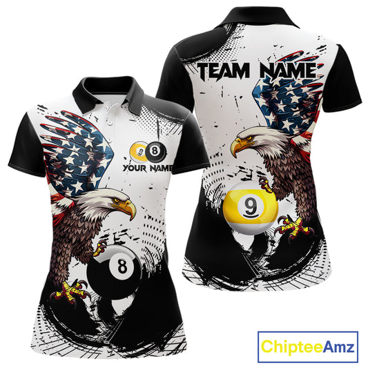 Custom Black & White Billiard Shirt for Women American Flag Eagle Pool Jersey BHT144