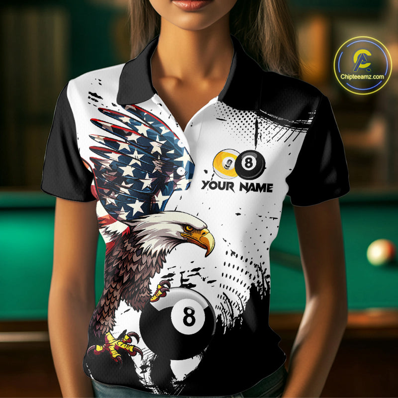 Custom Black & White Billiard Shirt for Women American Flag Eagle Pool Jersey BHT144