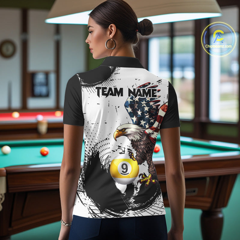 Custom Black & White Billiard Shirt for Women American Flag Eagle Pool Jersey BHT144