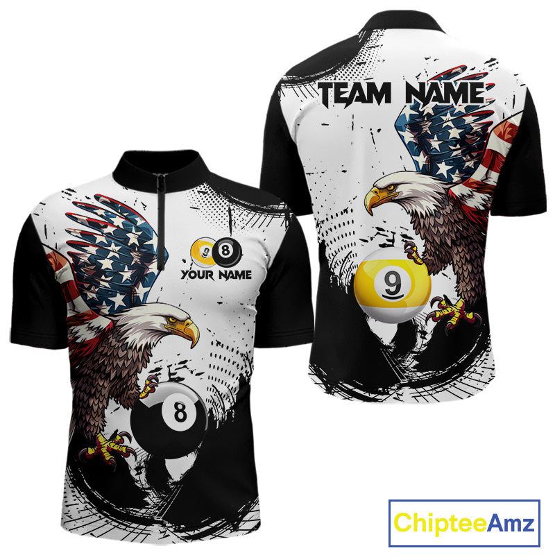 Custom Black & White Billiard Shirt for Men American Flag Eagle Pool Jersey BHT144
