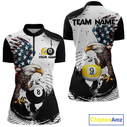 Custom Black & White Billiard Shirt for Women American Flag Eagle Pool Jersey BHT144