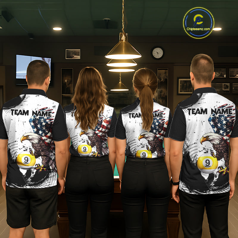 Custom Black & White Billiard Shirt for Men American Flag Eagle Pool Jersey BHT144
