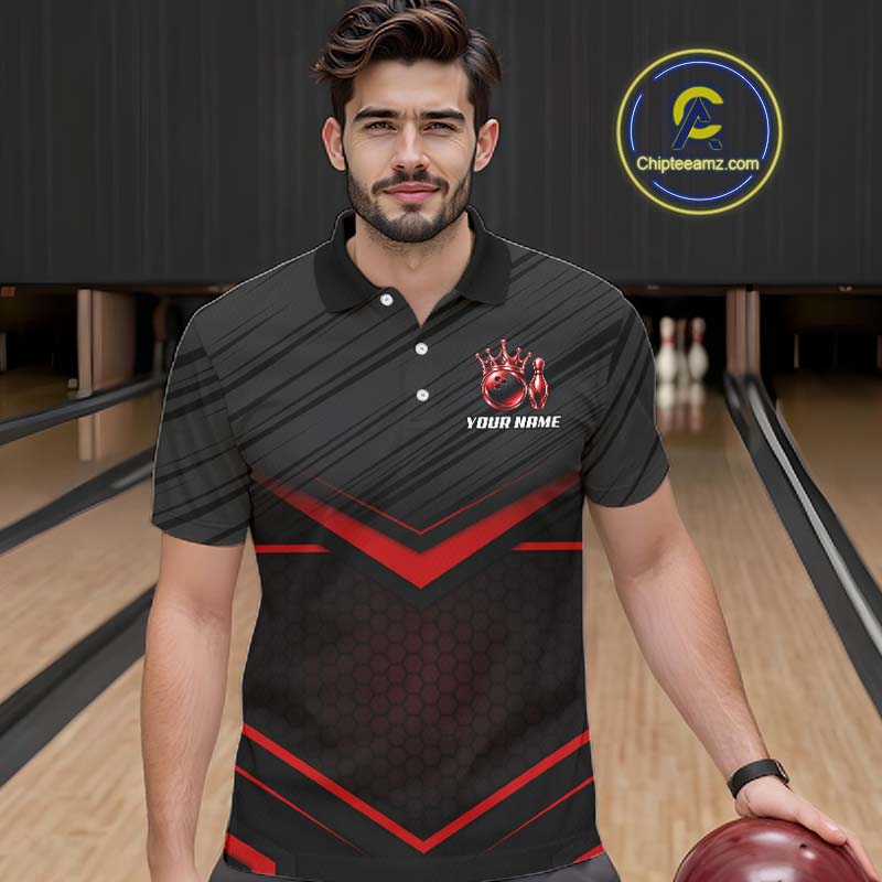 Custom Black and Red Bowling Shirt for Men Crown Bowling Ball Jersey Polo & 1/4 Zip QZT1393