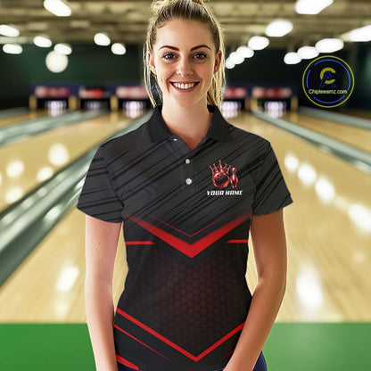 Custom Black and Red Bowling Shirt for Women Crown Bowling Ball Jersey Polo & 1/4 Zip QZT1393