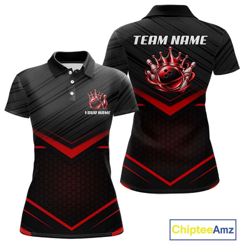 Custom Black and Red Bowling Shirt for Women Crown Bowling Ball Jersey Polo & 1/4 Zip QZT1393