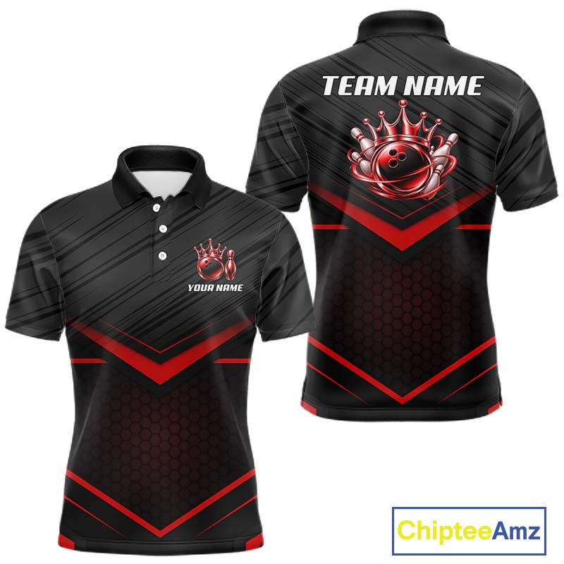 Custom Black and Red Bowling Shirt for Men Crown Bowling Ball Jersey Polo & 1/4 Zip QZT1393