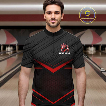 Custom Black and Red Bowling Shirt for Men Crown Bowling Ball Jersey Polo & 1/4 Zip QZT1393