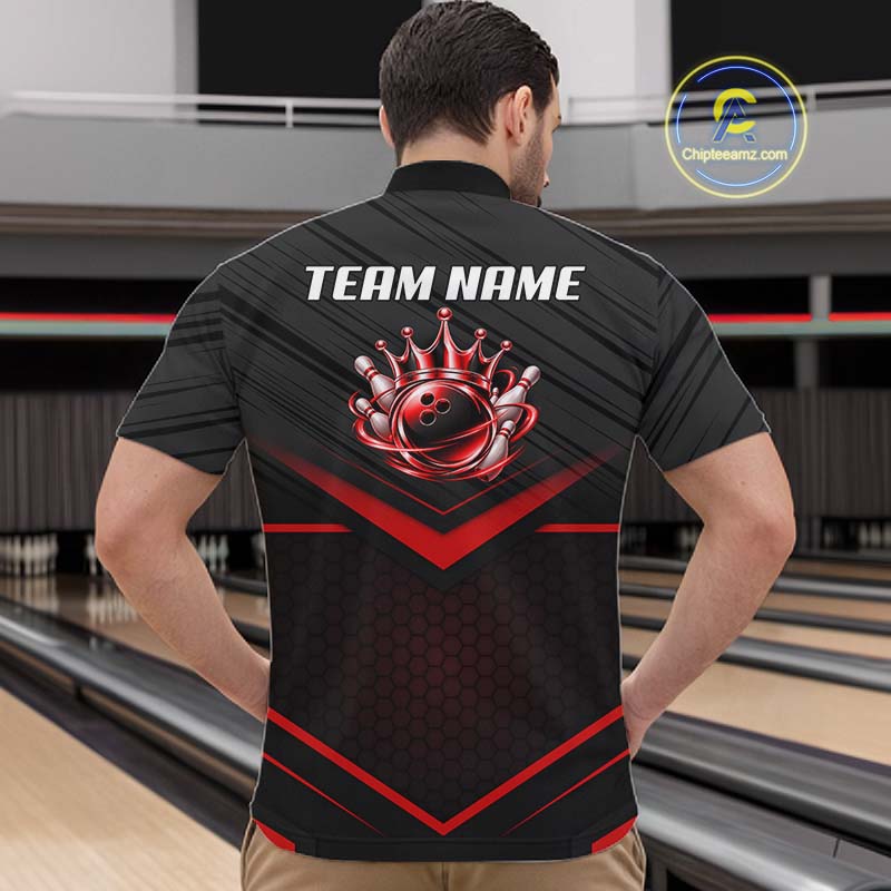 Custom Black and Red Bowling Shirt for Men Crown Bowling Ball Jersey Polo & 1/4 Zip QZT1393