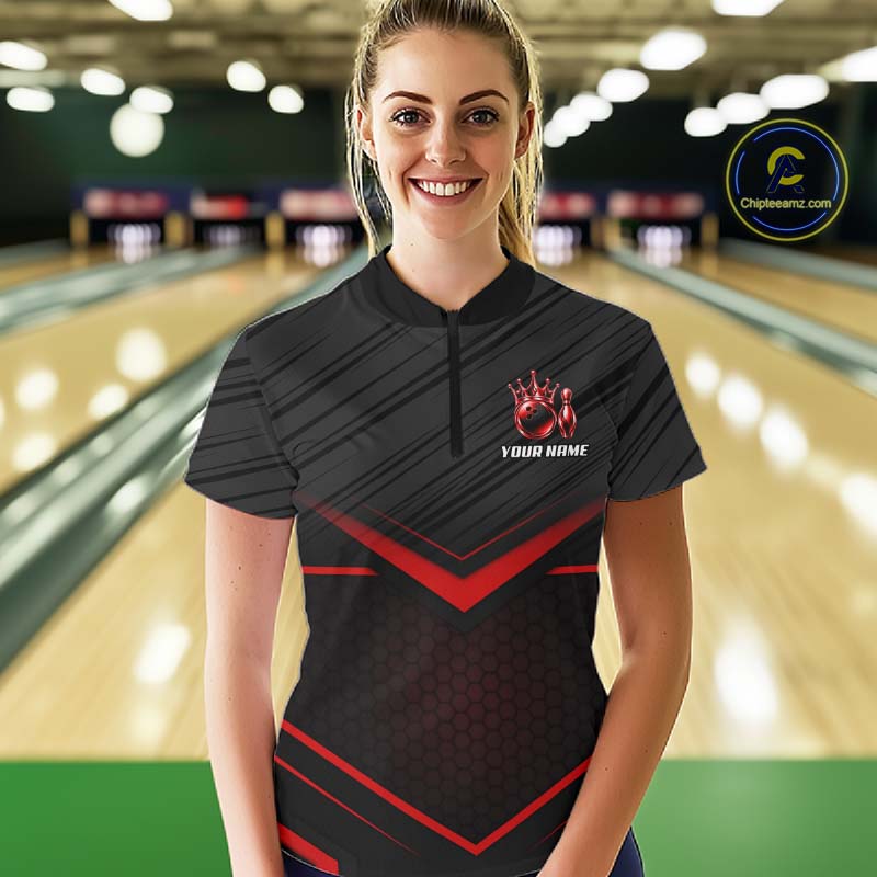 Custom Black and Red Bowling Shirt for Women Crown Bowling Ball Jersey Polo & 1/4 Zip QZT1393