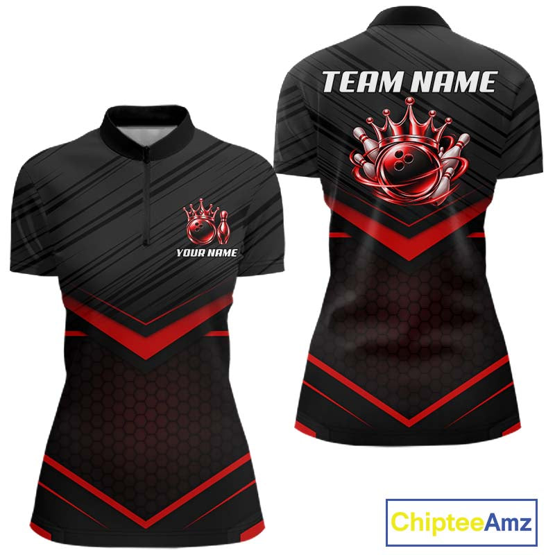 Custom Black and Red Bowling Shirt for Women Crown Bowling Ball Jersey Polo & 1/4 Zip QZT1393