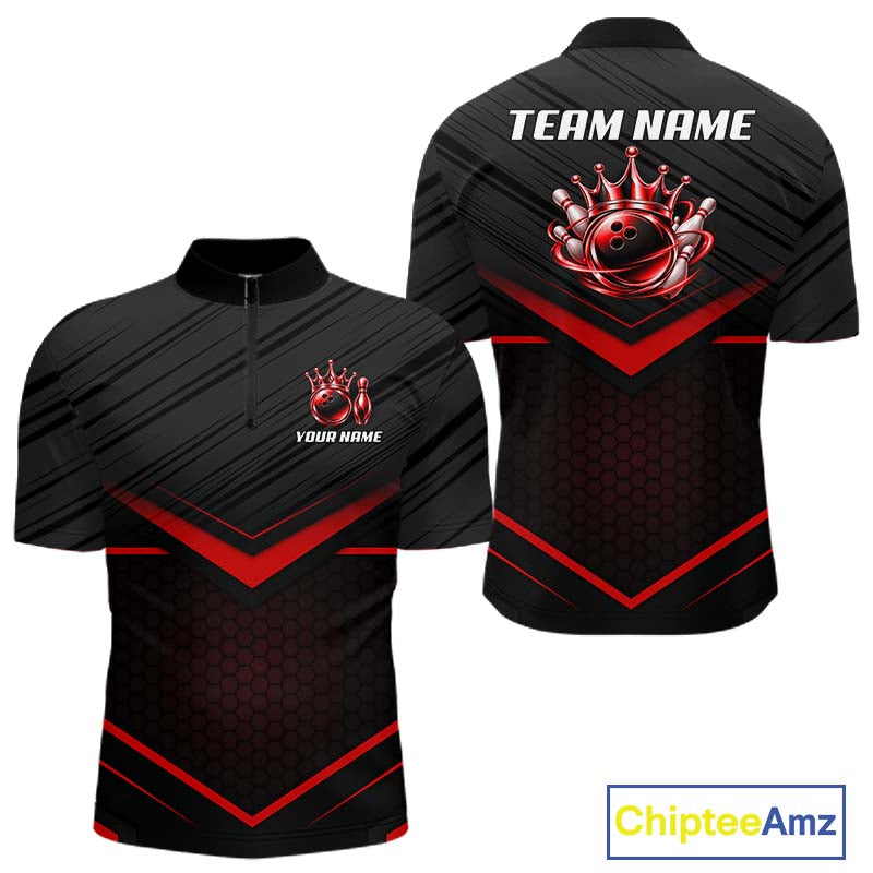 Custom Black and Red Bowling Shirt for Men Crown Bowling Ball Jersey Polo & 1/4 Zip QZT1393