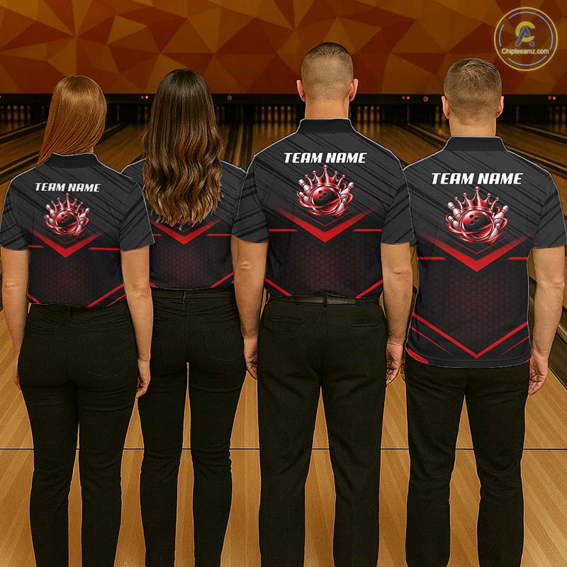 Custom Black and Red Bowling Shirt for Men Crown Bowling Ball Jersey Polo & 1/4 Zip QZT1393