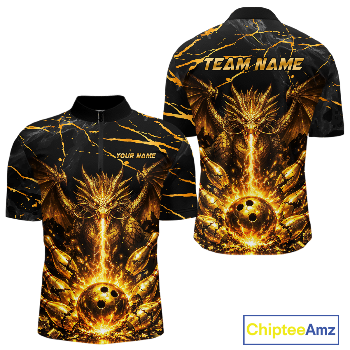 Custom Black and Gold Bowling Shirt Dragon Bowling Jersey League for Men Polo & 1/4-Zip Outfit QZT834