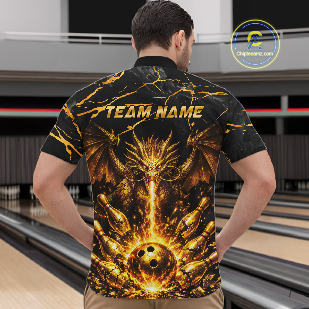 Custom Black and Gold Bowling Shirt Dragon Bowling Jersey League for Men Polo & 1/4-Zip Outfit QZT834